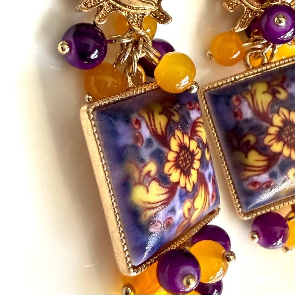 Celestial Sun Moon Earrings Vintage Style Tile 90’s Vibe Ornate Beaded Purple